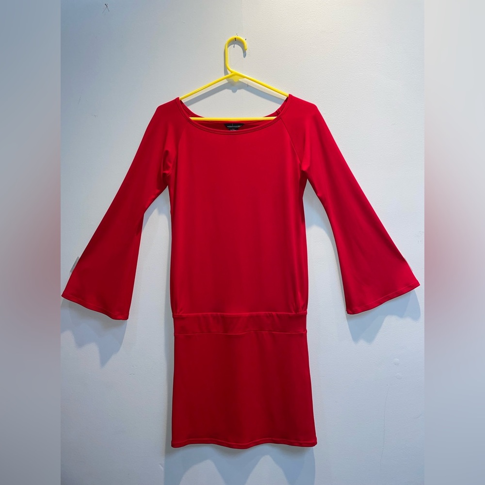 Vintage Moda International XS Red Drop Waist Shift Dress Long Flare Sleeves